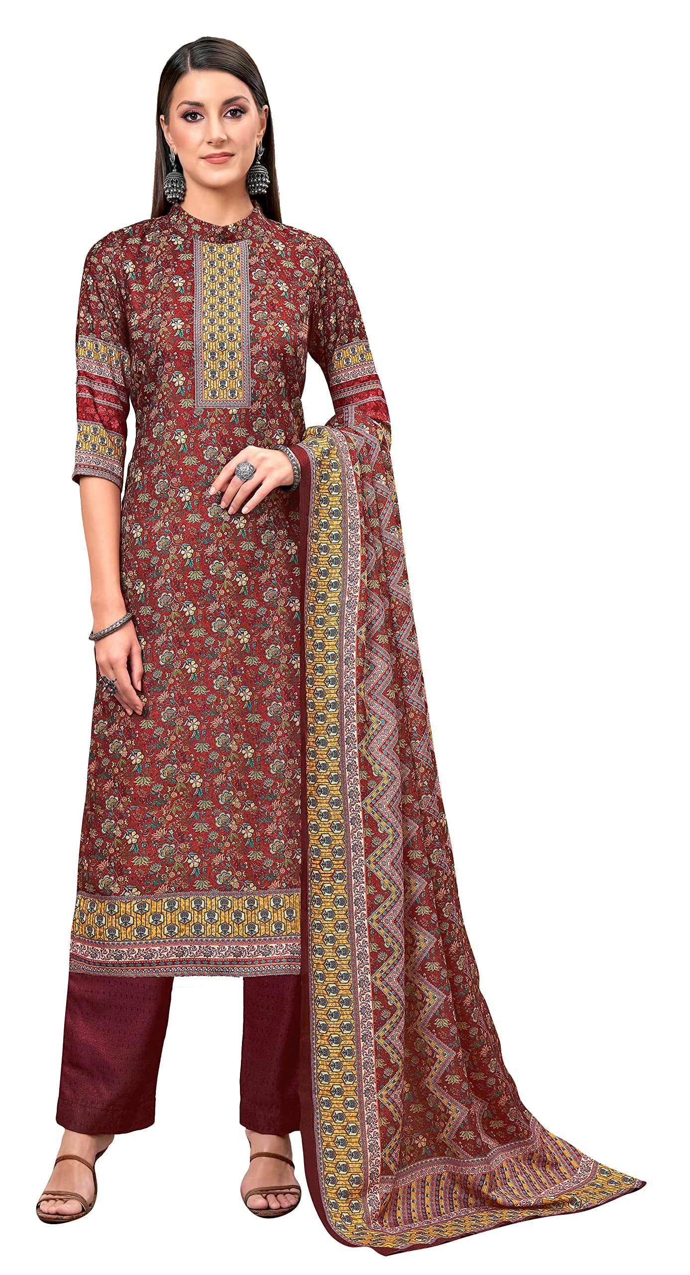DRAVINAM Trends Women's Unstitched digital Print Pure Woollen Winter Wear Warm Pashmina Salwar Kameez Dress Material with Printed Pure Woolen Shawl Dupatta (Maroon)