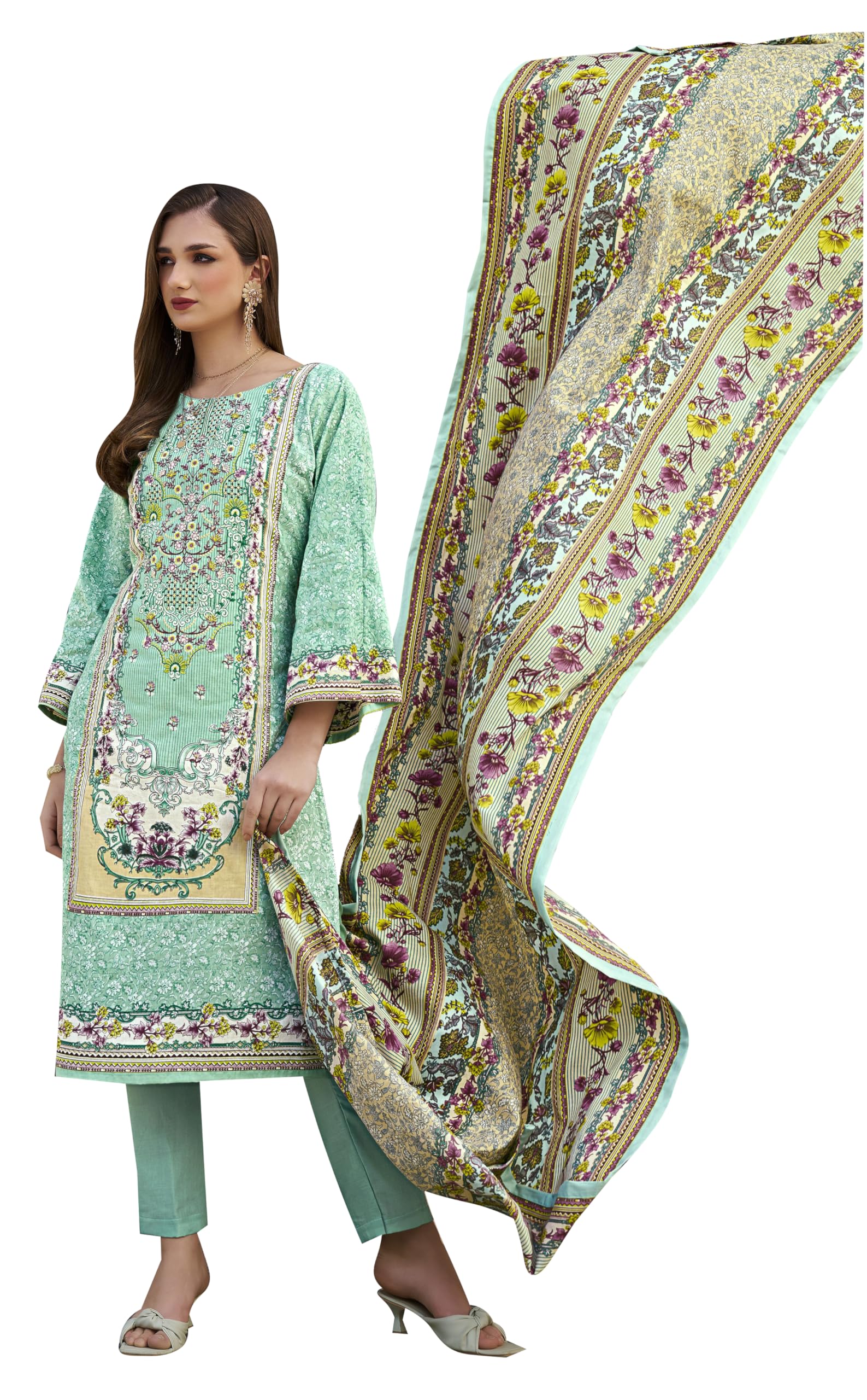 DRAVINAM Trends Unstitched Pakistani Embroidered Pure Cotton Salwar Suit Dress Materials with Cotton Dupatta