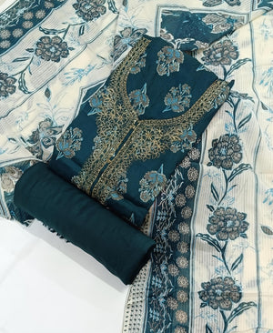 DRAVINAM Trends Women's Unstitched Jaam Cotton Dress Material | Printed Embroidered Unstitched Suit Set with Rayon Bottoms and Printed Dupatta