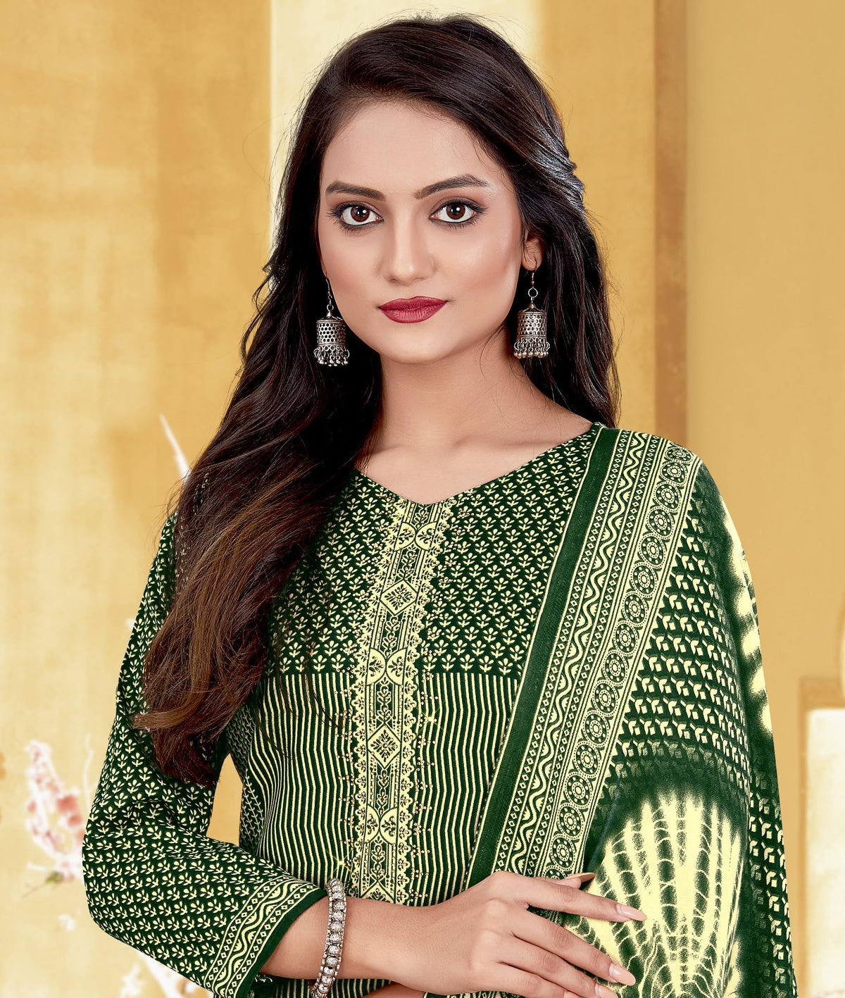 DRAVINAM Trends Women's Unstitched Kaani Print Fancy Work Spun Pashmina Winter wear Dress Material Fabric for Salwar Suit with printed spun pashmina Kashmiri shawl dupatta (Green)
