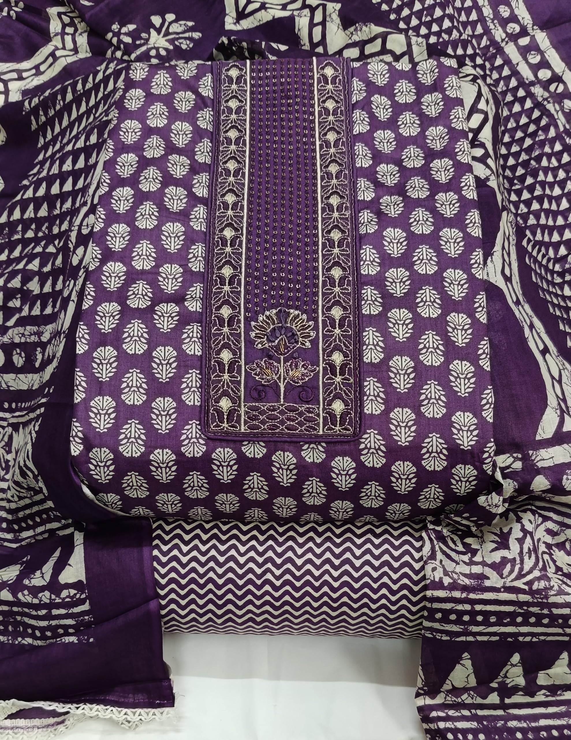 DRAVINAM Trends Women's Printed Embroidered and Hand Work Premium Cotton Jaipuri Unstitched Salwar Suit Dress Material with Mulmul Cotton Dupatta
