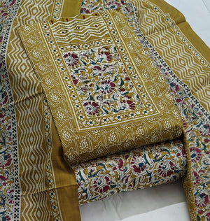 DRAVINAM Trends Women's Cambric Cotton Dress Material | Unstitch Kalamkari Printed Suit Set with Cotton Dupatta
