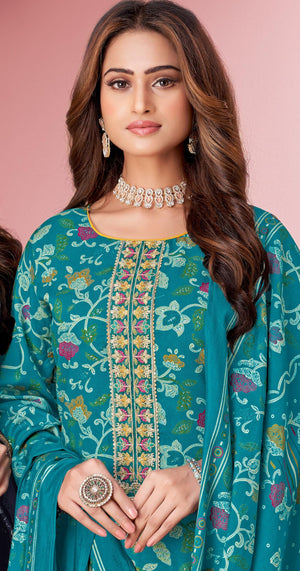DRAVINAM Trends Pure Viscose Rayon Cotton Discharge Foil Printed Fancy Embroidered Suit Dress Material with Unstitched Bottoms and Cotton Silk Printed Dupatta