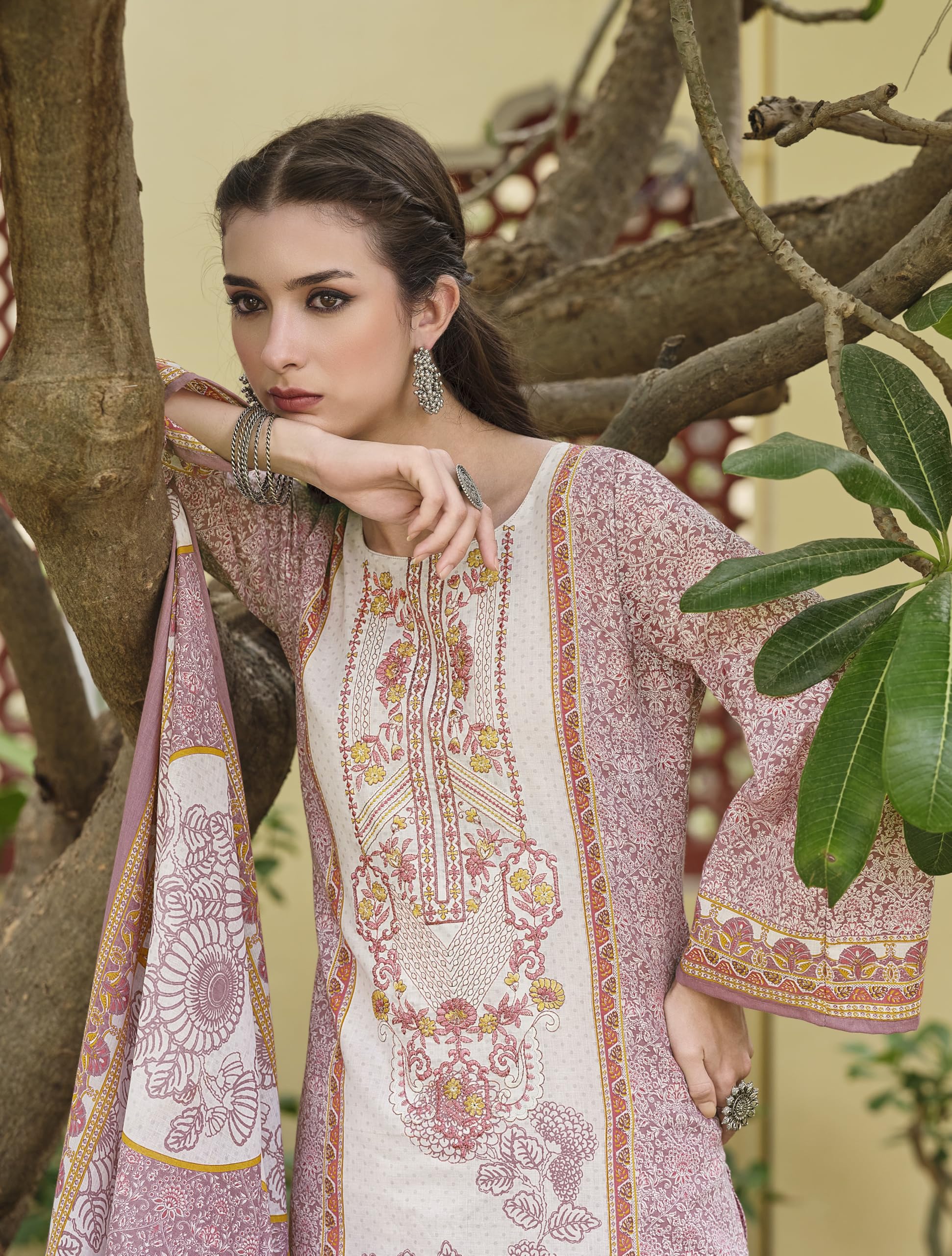 DRAVINAM Trends Kurti 2.50 mtrs, Pure Cotton Salwar (3 mtrs apx), Pure Cotton Mal Mal Print (2.30|Light Brown 1
