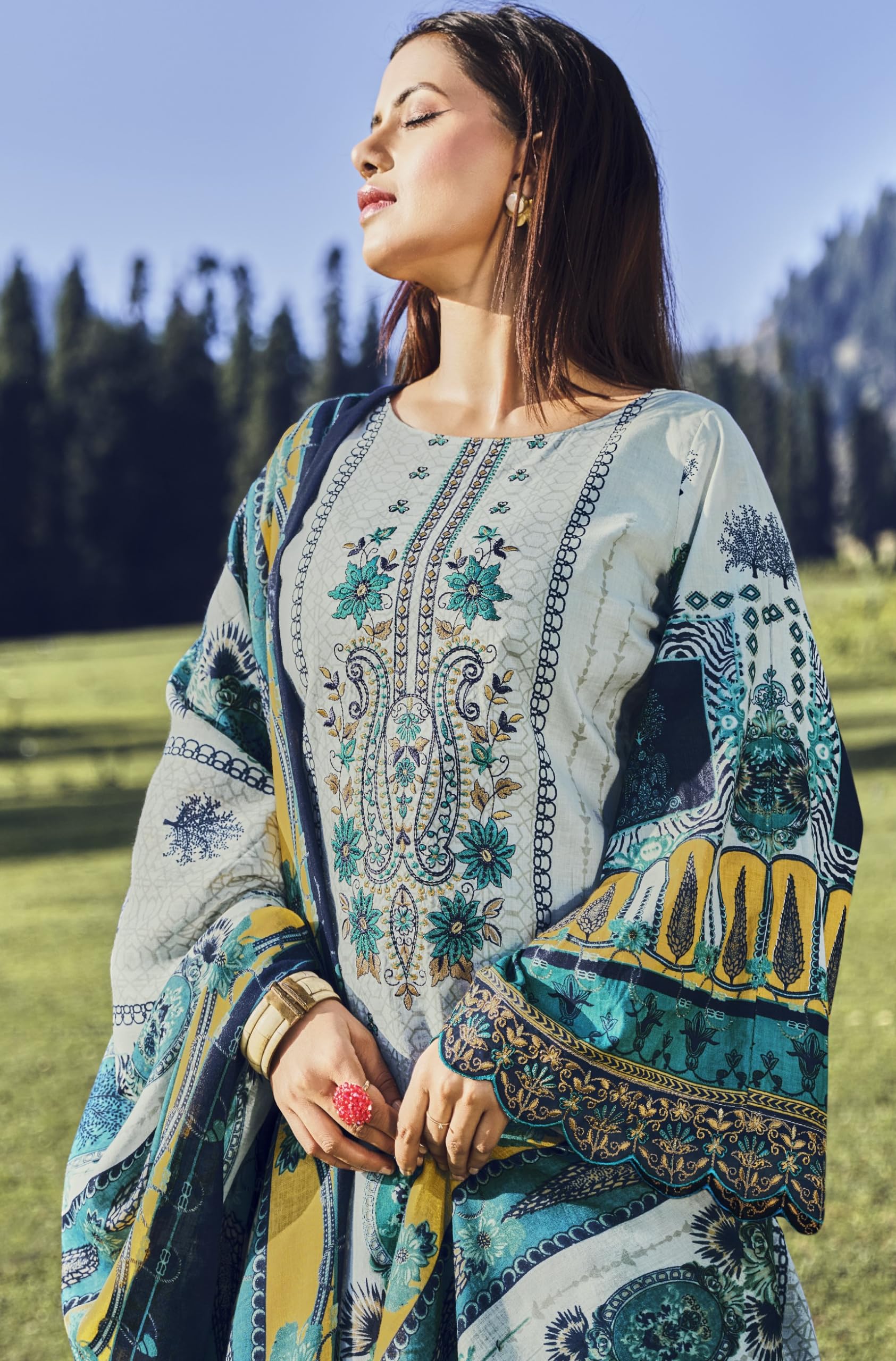 DRAVINAM Trends Unstitched Pakistani Print Embroidered Cotton Salwar Suit Dress Materials with Dupatta