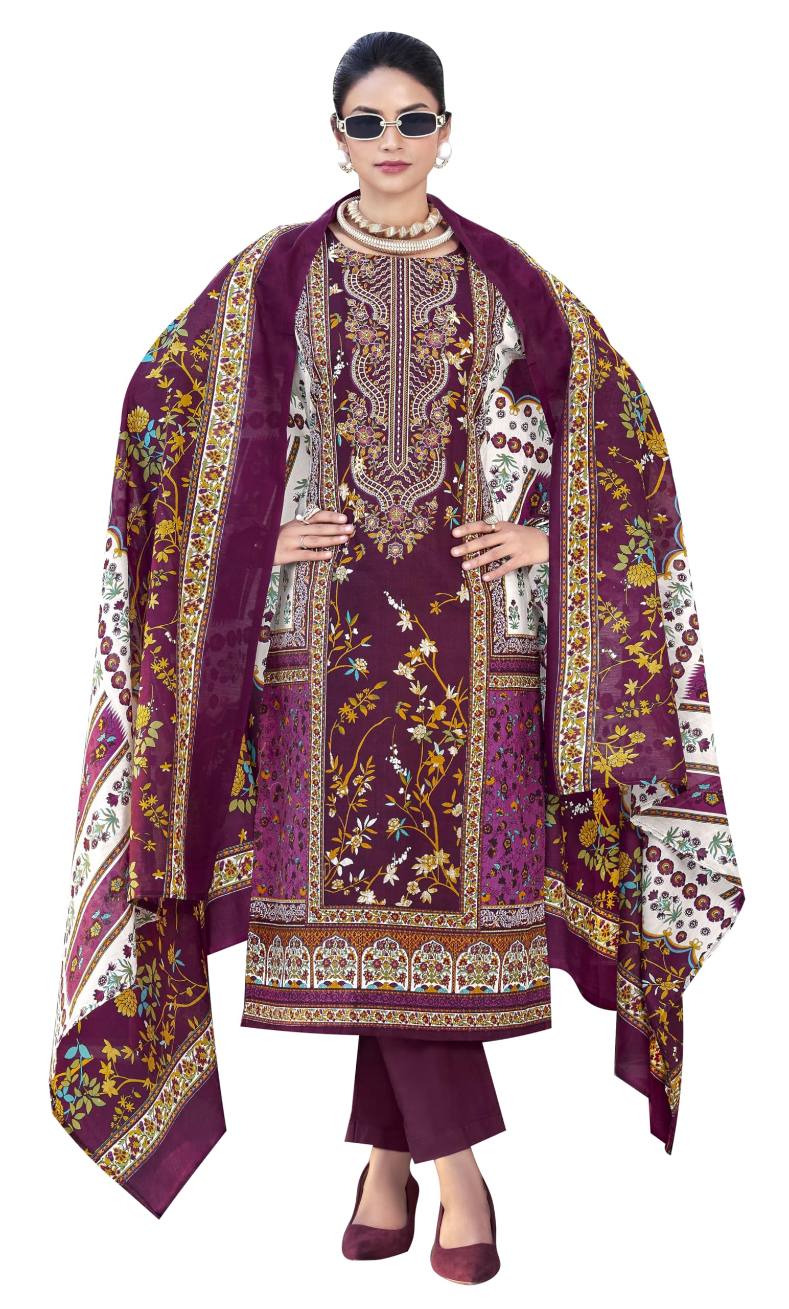 DRAVINAM Trends Women's Pure Lawn Cotton Pakistani Embroidered Suit Dress Material with Unstitched Bottoms and Cotton Dupatta
