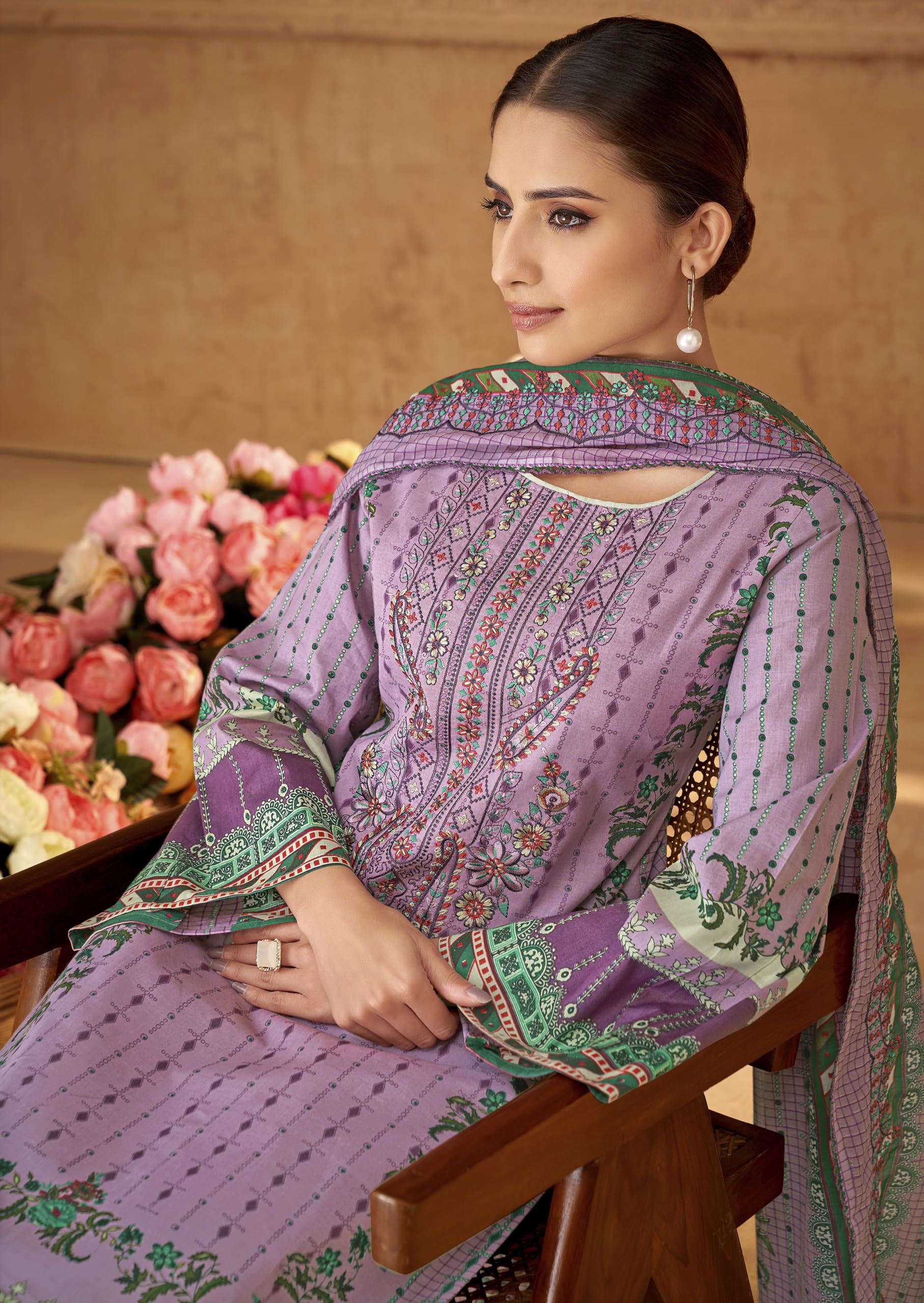 DRAVINAM Trends Unstitched Cotton Suit Dress Material Set: Pakistani Print Top Fabric with Embroidery | Customizable Solid Bottoms | Cotton Fancy Dupatta