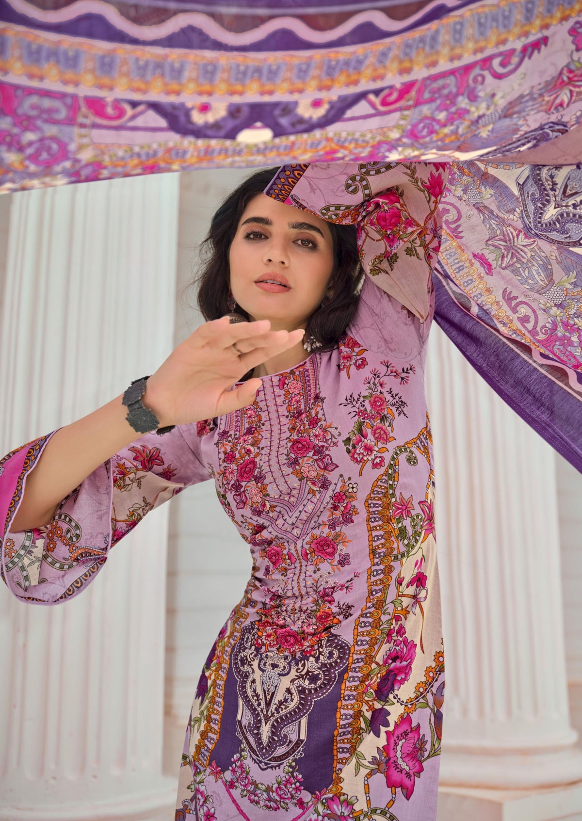 DRAVINAM Trends Women's Lawn Cotton Pakistani Embroidered Suit Dress Material with Unstitched Bottoms and Cotton Dupatta