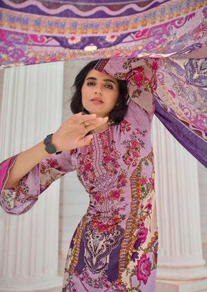 DRAVINAM Trends Women's Lawn Cotton Pakistani Embroidered Suit Dress Material with Unstitched Bottoms and Cotton Dupatta