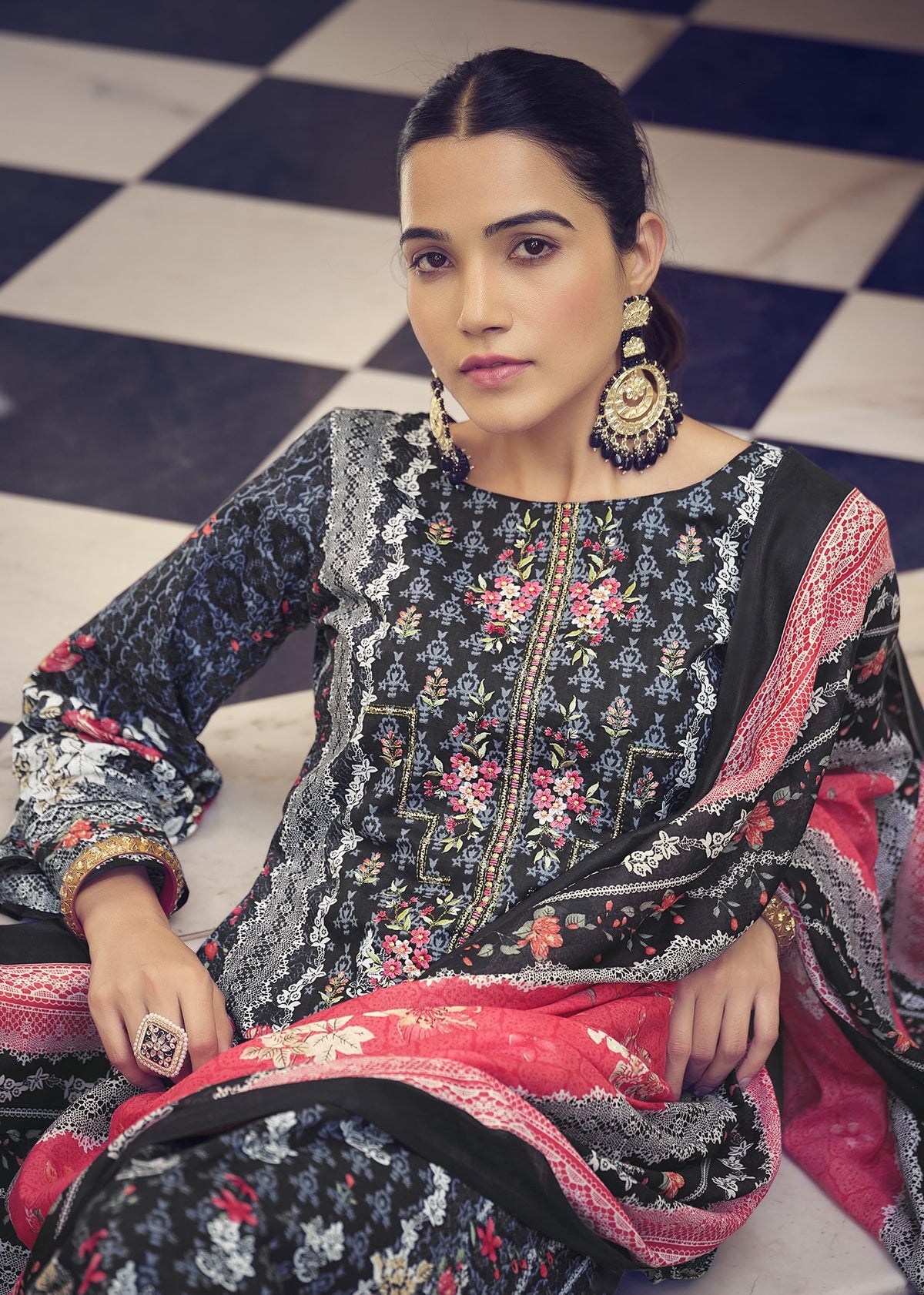 DRAVINAM Trends Unstitched Pakistani Print Embroidered Cotton Suit Dress Materials with Printed Cotton Dupatta