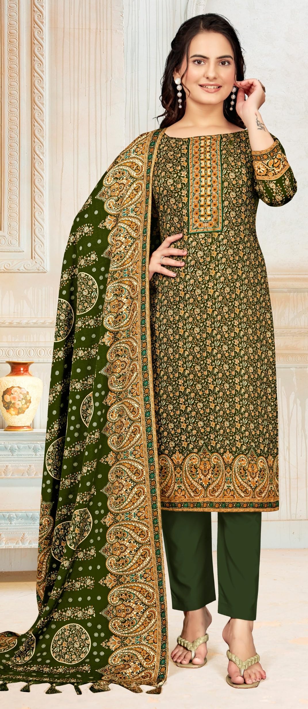 DRAVINAM Trends Women's Unstitched Winter Wear Kaani Digital Printed Heavy Woolen Pashmina Salwar Suit Dress Material with Printed Shawl Dupatta