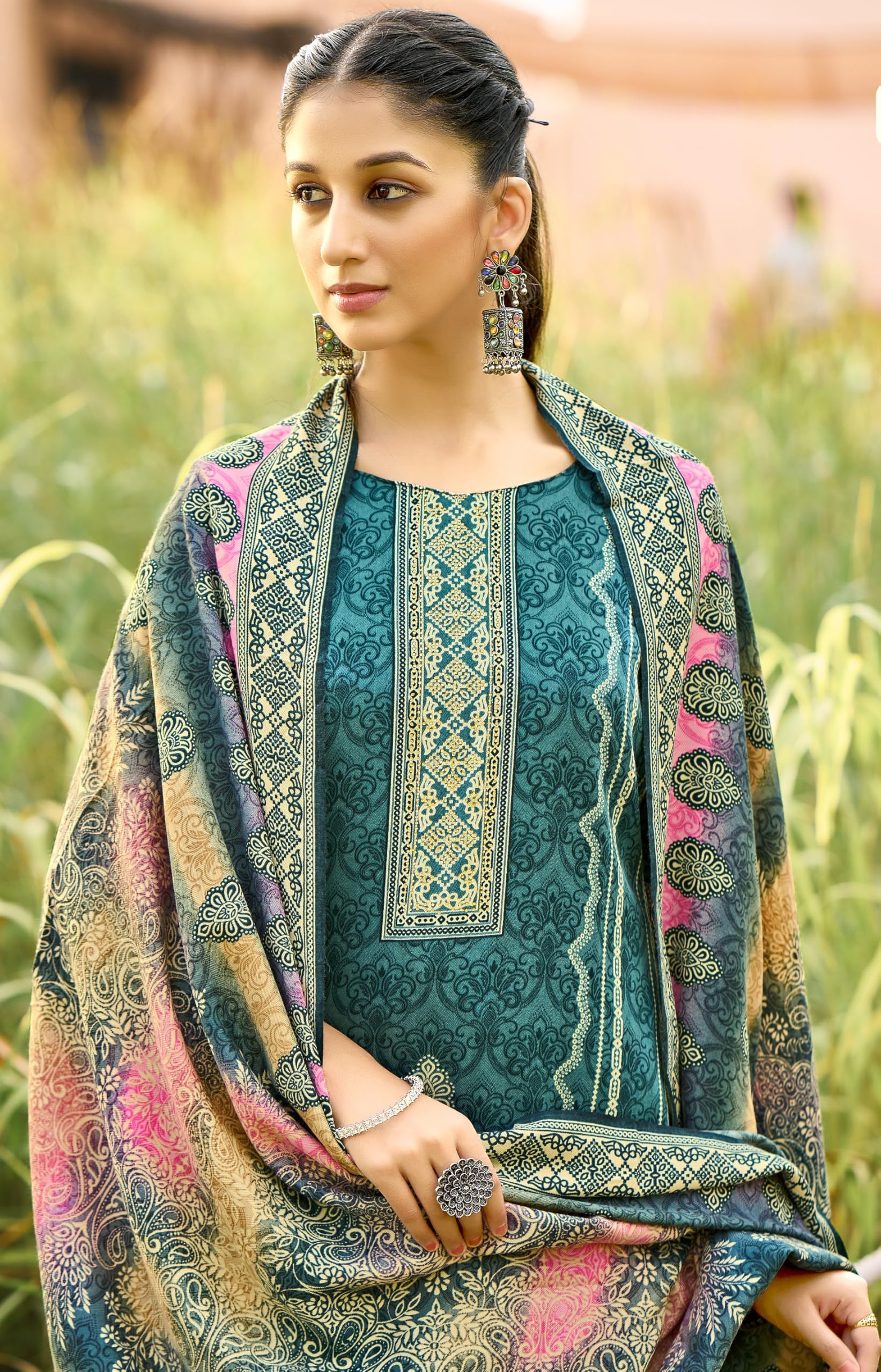 DRAVINAM Trends Women's Unstitched Winter Wear Swaroski Diamond Work Pakistani Woollen Pashmina Salwar Suit Dress Material with Twill Pashmina Printed Shawl Dupatta