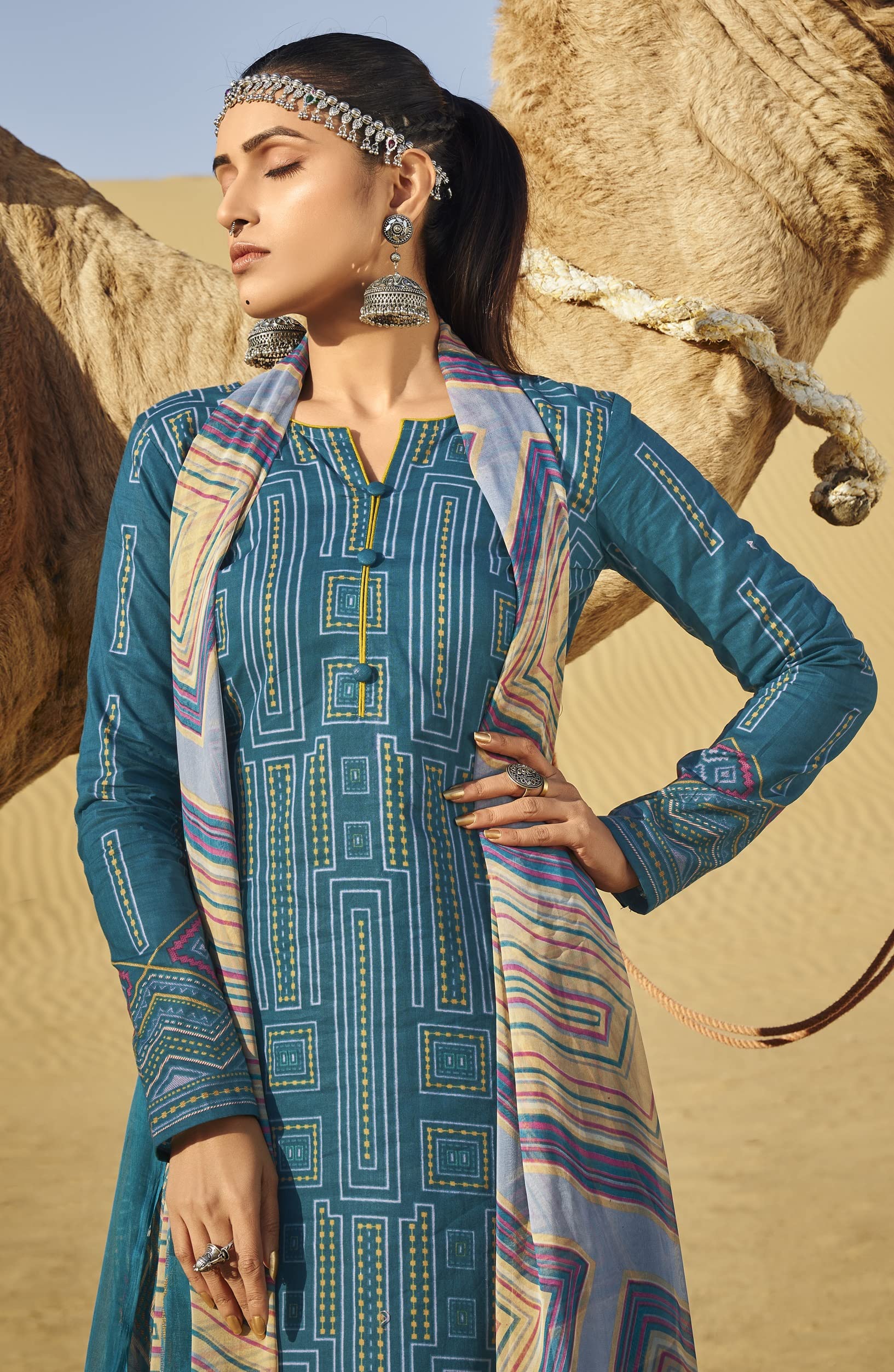 DRAVINAM Trends Women's Unstitched Digital Floral Printed Embroidered Cotton Casual Wear Salwar Suits For Women with Nazneen Chiffon Chunni/Dupatta (Blue)
