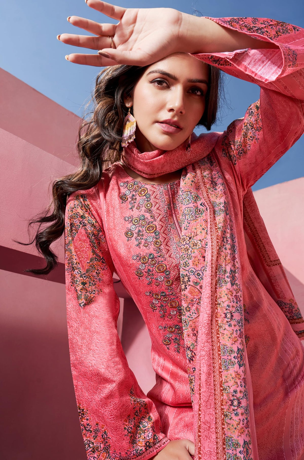 DRAVINAM Trends Women's Jam Cotton Unstitched Suit Dress Material - Pure Jam Satin Digital Print with Embroidery | Cotton Dyed Bottom | Viscose Lawn Cotton Dupatta