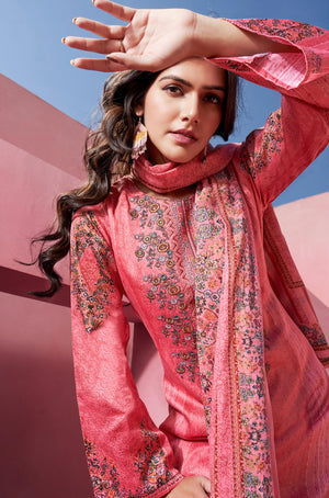 DRAVINAM Trends Women's Jam Cotton Unstitched Suit Dress Material - Pure Jam Satin Digital Print with Embroidery | Cotton Dyed Bottom | Viscose Lawn Cotton Dupatta