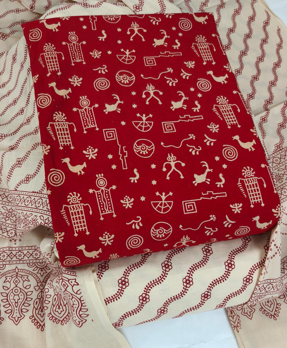 DRAVINAM Trends Women's Premium Cotton Unstitched Salwar Suit Dress Material Set | Traditional Rajasthani Gujari Block Print (Red & Mustard Yellow)