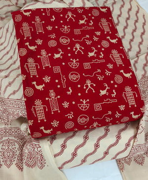 DRAVINAM Trends Women's Premium Cotton Unstitched Salwar Suit Dress Material Set | Traditional Rajasthani Gujari Block Print (Red & Mustard Yellow)