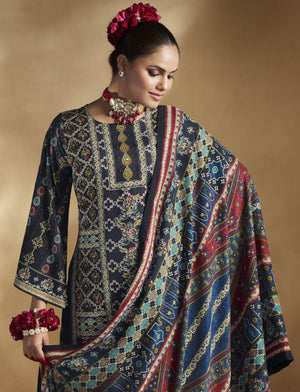 DRAVINAM Trends Women's Unstitched Rayon Salwar Suit Dress Material – Heavy Viscose Printed Top with Handwork II Pure Viscose Plain Bottom II Pure Cotton Mal Mal Printed Dupatta