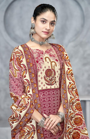 DRAVINAM Trends Pashmina Spun Digital Style Printed Unstitched Salwar Suit for Women with Siroski Work and Twill Printed Shawl Dupatta