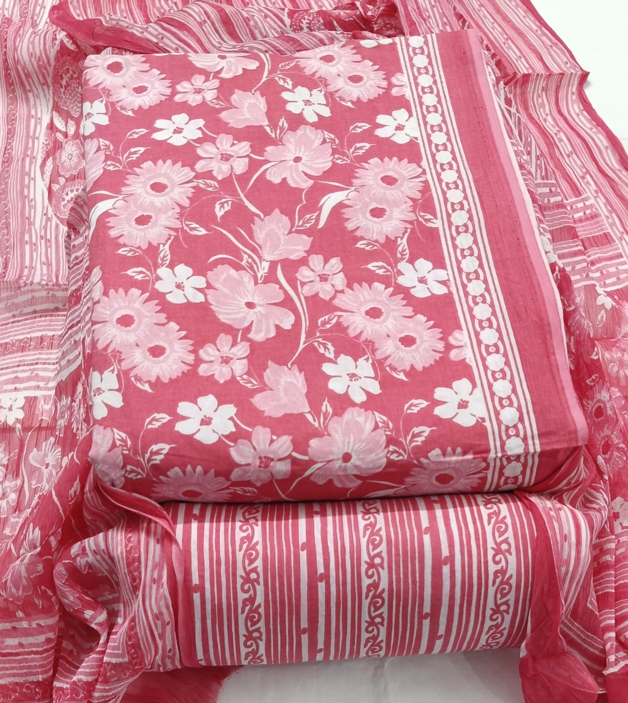 DRAVINAM Trends Jaipuri Printed Pure Cambric Unstitched Cotton Suit Dress Material with Chiffon Printed Dupatta