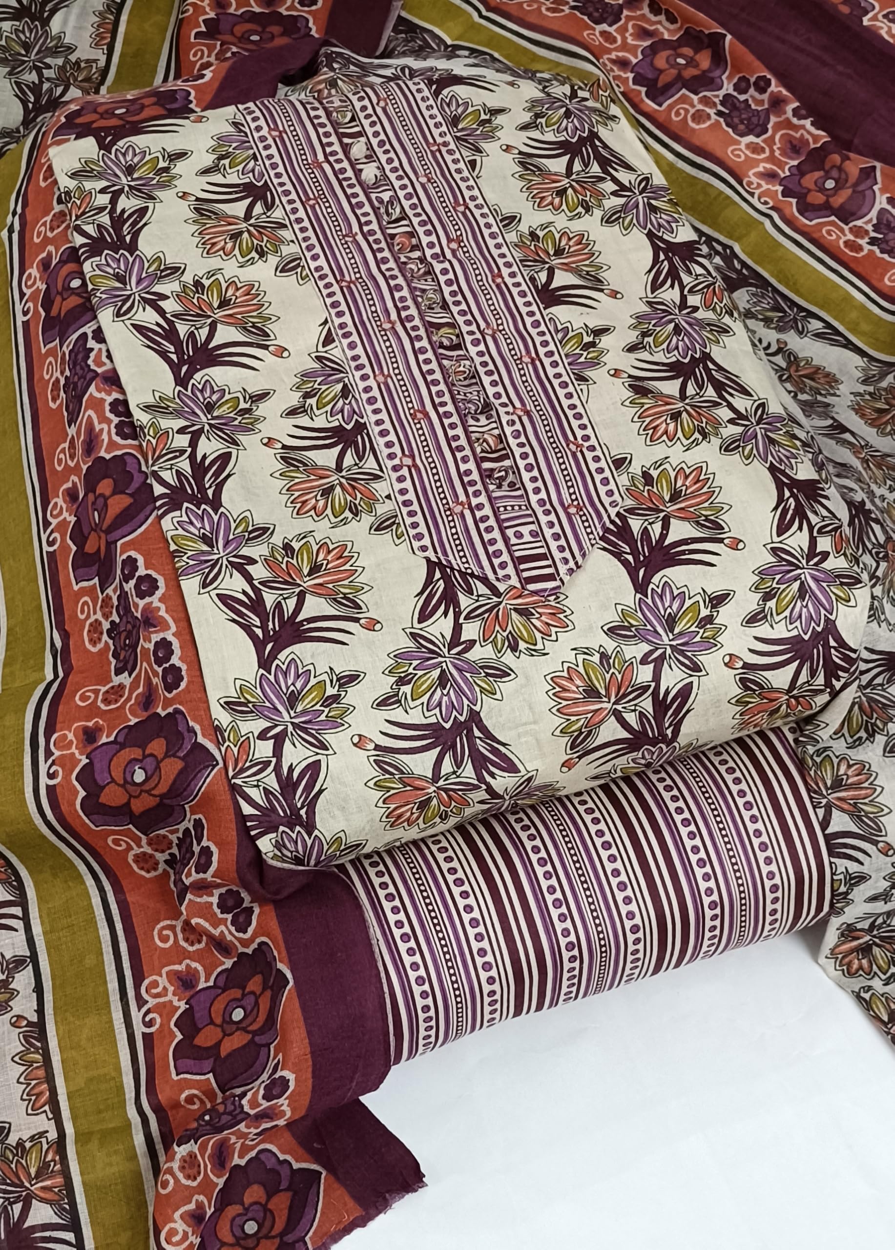 DRAVINAM Trends Women's Cambric Cotton Dress Material | Unstitch Kalamkari Printed Suit Set with Cotton Dupatta