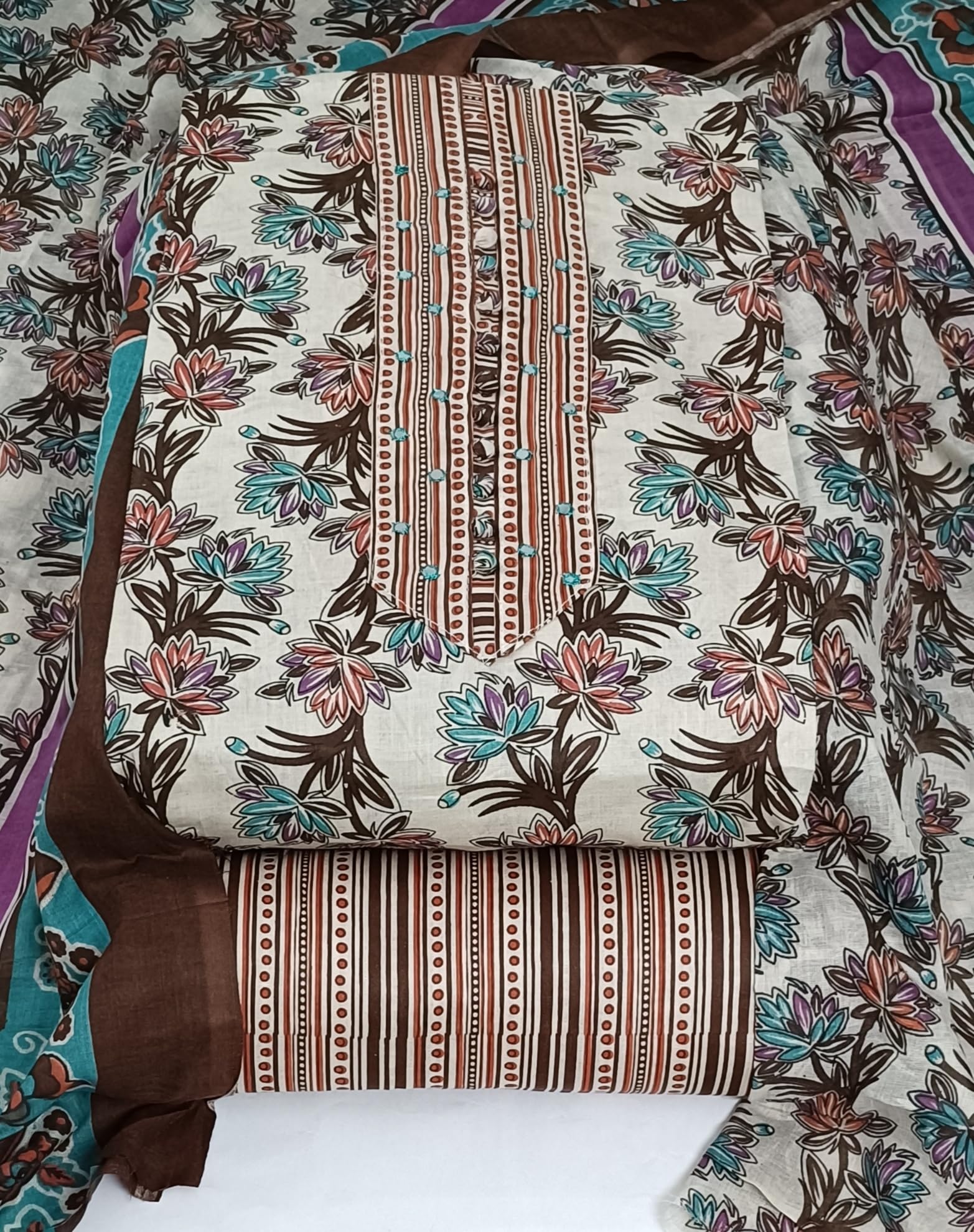 DRAVINAM Trends Women's Cambric Cotton Dress Material | Unstitch Kalamkari Printed Suit Set with Cotton Dupatta
