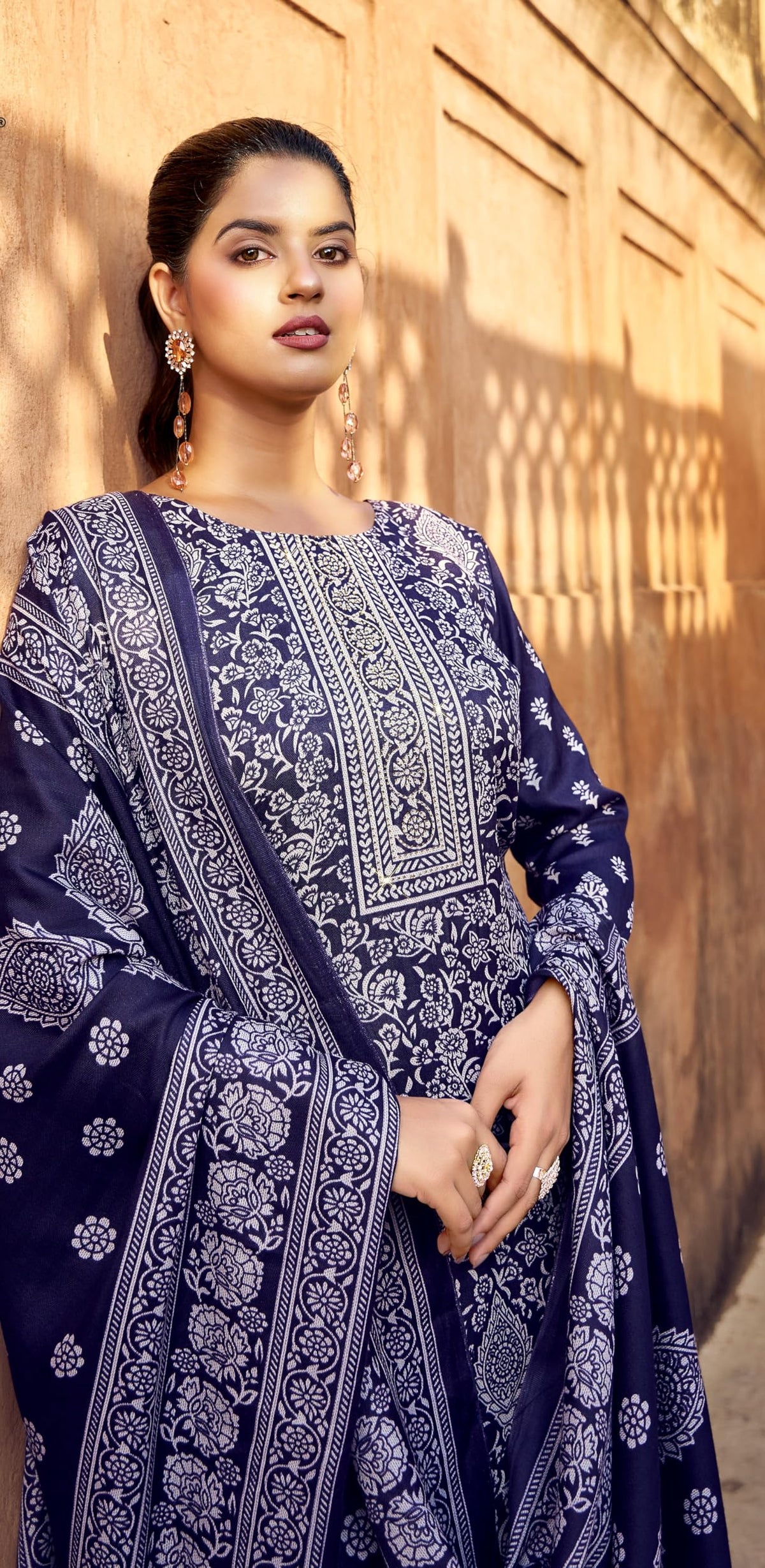 DRAVINAM Trends Women's Printed Pashmina Kani Unstitch Salwar Suit Dress Material with Siroski work and Printed Twill Pashmina Warm Shawl Dupatta