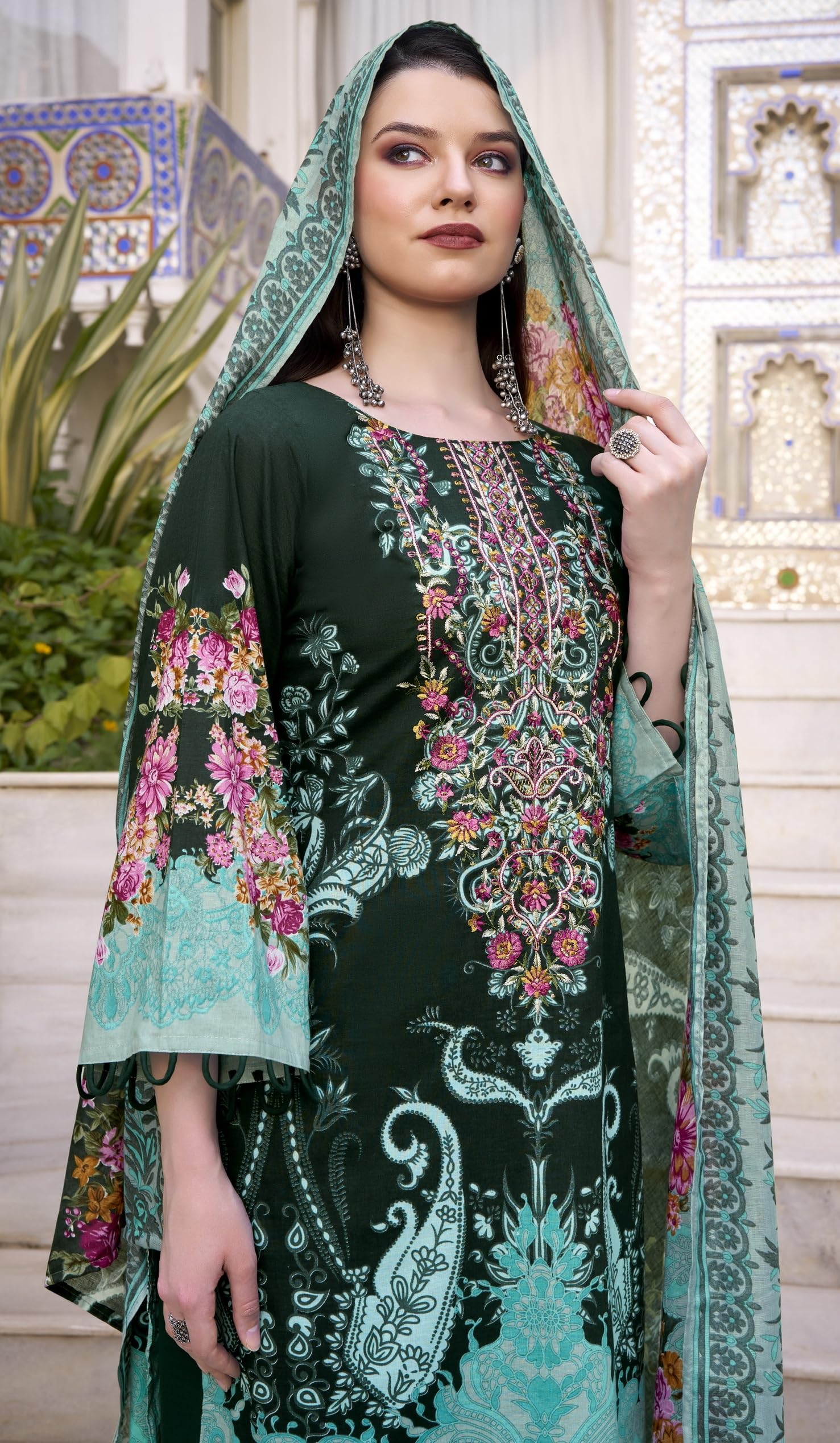 DRAVINAM Trends Women's Unstitched Cotton Suit Dress Material -Embroidered Digital Print Top II Plain Bottoms II Digital Print Dupatta