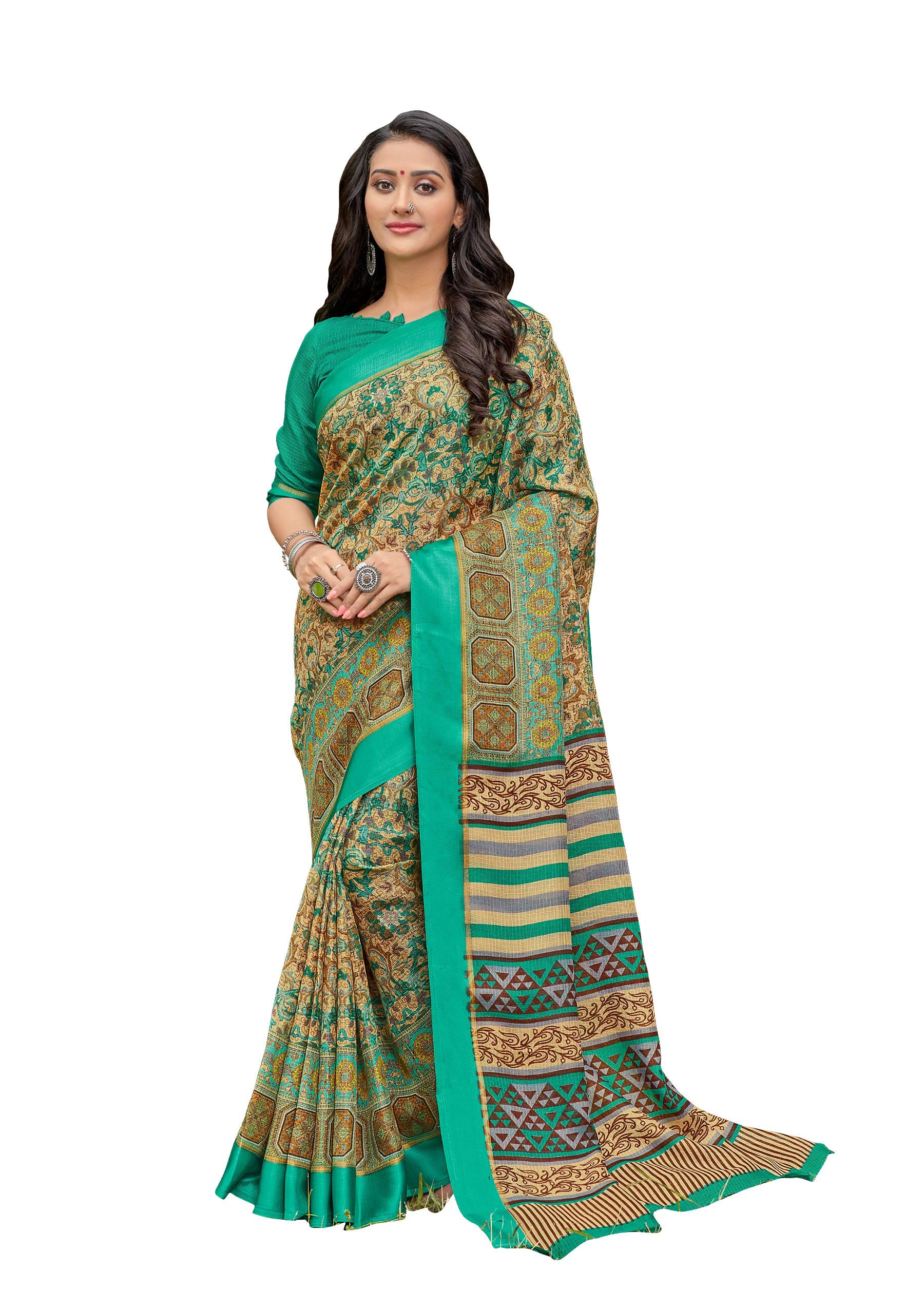 DRAVINAM Trends Women's Woven Kota Cotton Printed Check Saree with Satin Border and Blouse Piece (Green and Brown)