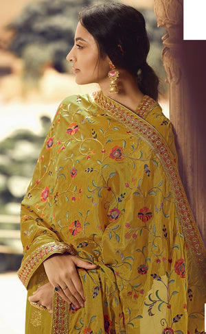 DRAVINAM Trends Women's Pure Banarasi Dola Jacquard Silk Embroidered Unstitched Pakistani Salwar Suit Dress Material with Chinon Silk Embroidered heavy dupatta (With Inner) (Free size) (