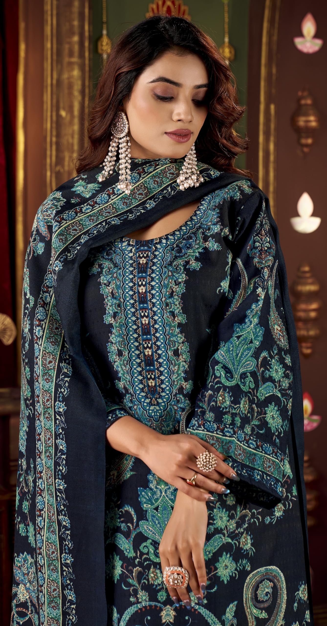 DRAVINAM Trends Women's Winter wear unstitched Printed Woollen Pashmina Salwar Suit Dress Material with Pashmina Printed Shawl Dupatta