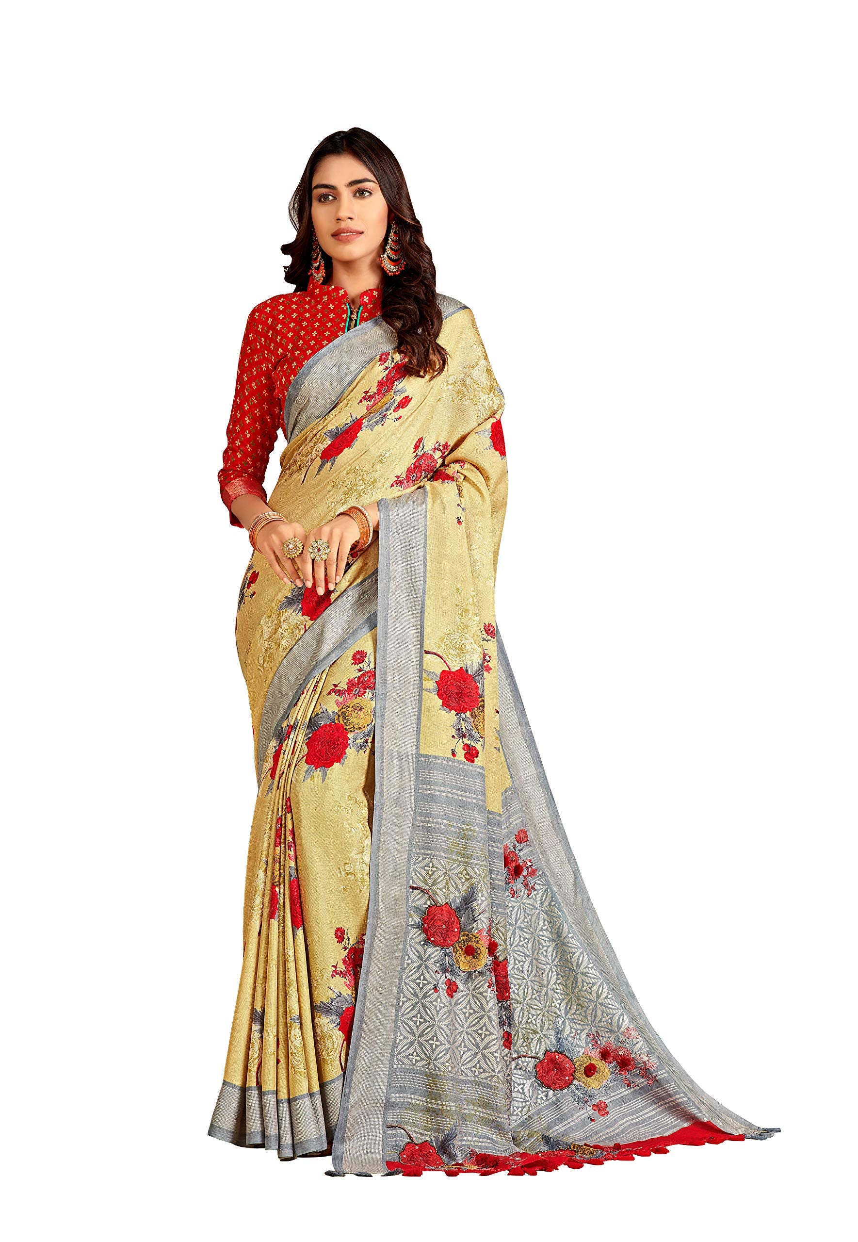 DRAVINAM Trends Women's Woven Kalamkari Printed Soft Cotton Saree with Blouse Piece (SareeKlm_6_Red and Orange)