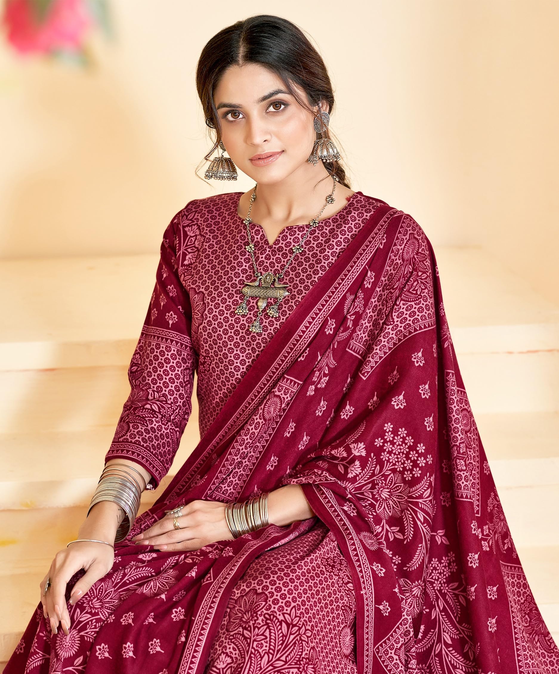 DRAVINAM Trends Women Unstitch Printed Pashmina Suit Dress Material I Digital style Printed Pashmia Top| Pure Pashmina Spun Dyed Bottoms | Luxurious Pure Woolen Shawl Dupatta with Piko work