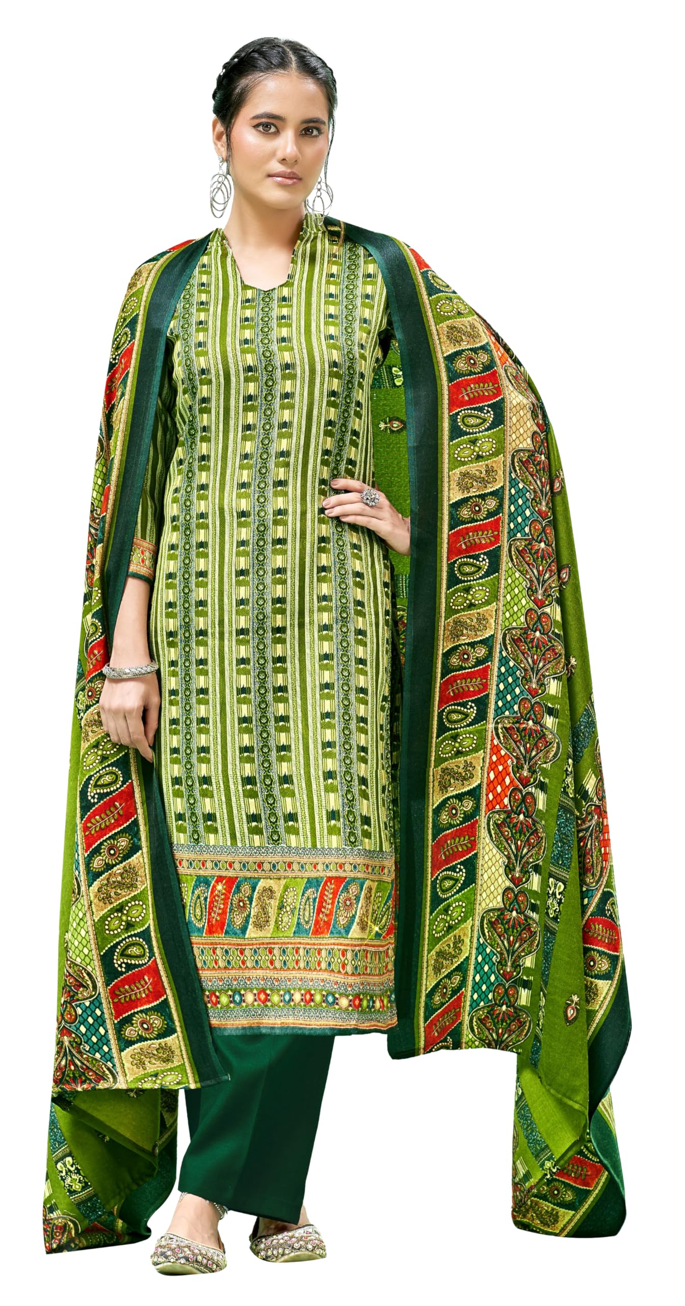 DRAVINAM Trends Women's Printed Woolen Pashmina Unstitch Salwar Suit Dress Material with Printed Woolen Warm Shawl Dupatta