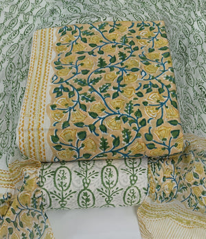 DRAVINAM Trends Hand Block Print Pure Cambric Cotton Unstitched Suit Material with Chiffon Hand Printed Dupatta