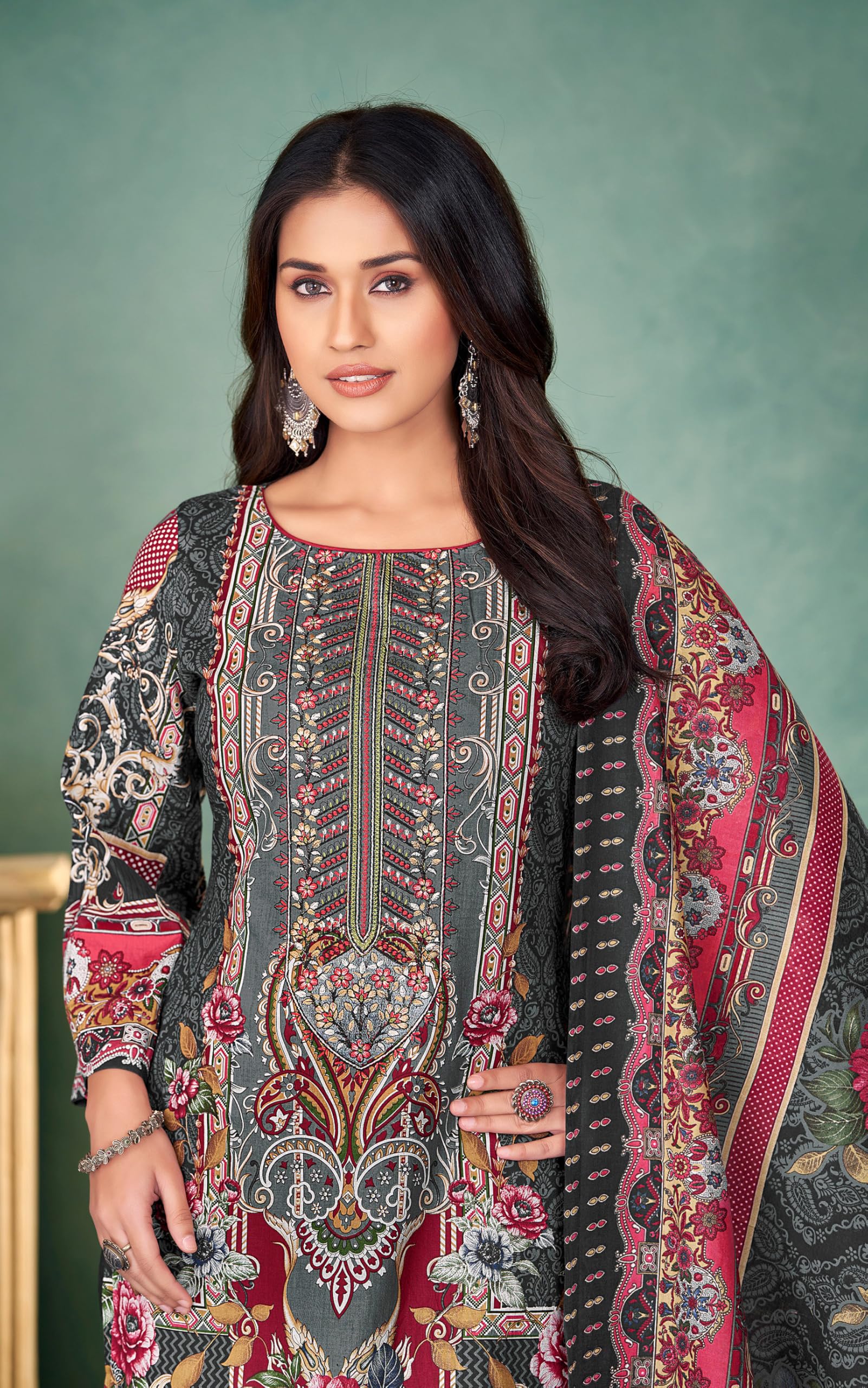 DRAVINAM Trends Lawn Cotton Pakistani Embroidered Suit Dress Material with Unstitched Bottoms and Cotton Dupatta
