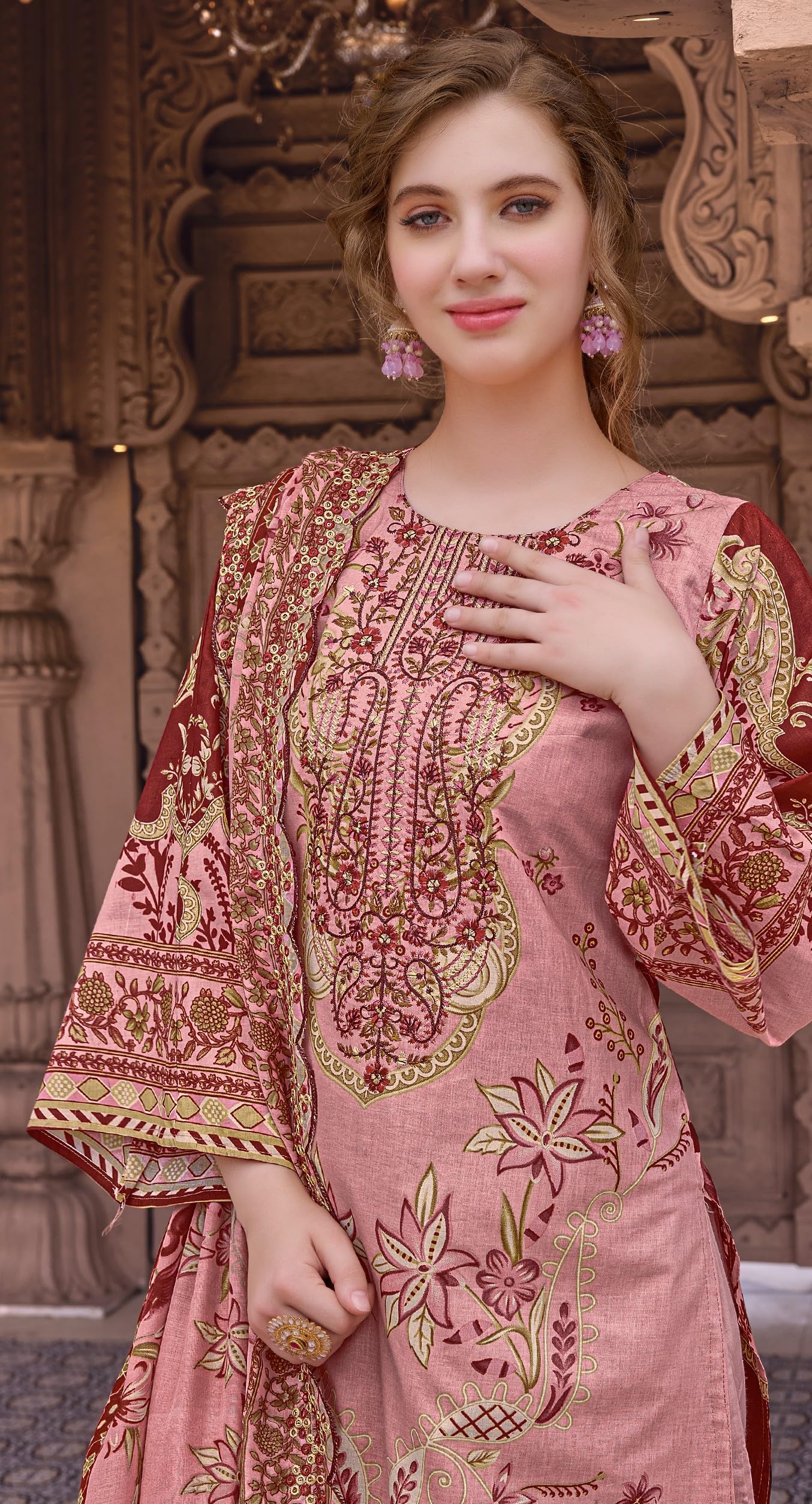 DRAVINAM Trends Women's Unstitched Pakistani Digital Print Embroidered Pure Cotton Salwar Suit Dress Materials with Cotton Embroidered Cutwork Dupatta