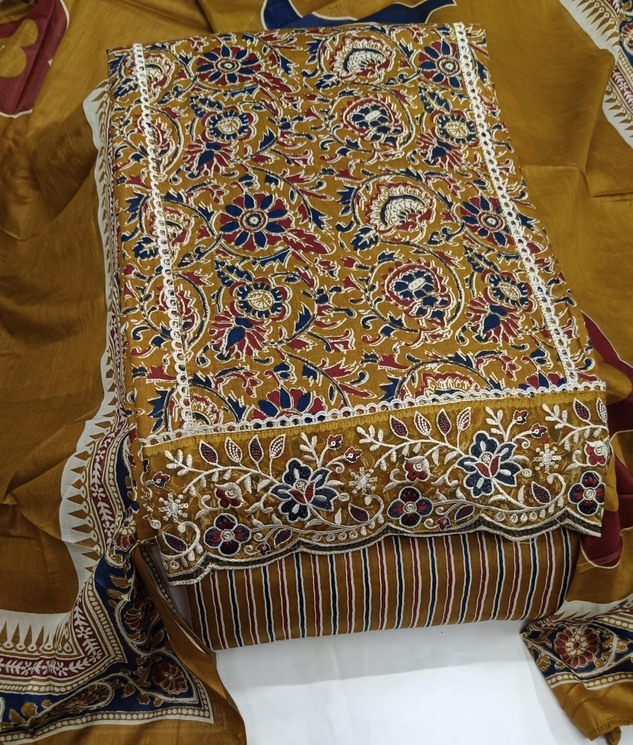 DRAVINAM Trends Women's Printed Embroidered and Hand Work Premium Cotton Jaipuri Unstitched Salwar Suit Dress Material with Mulmul Cotton Dupatta
