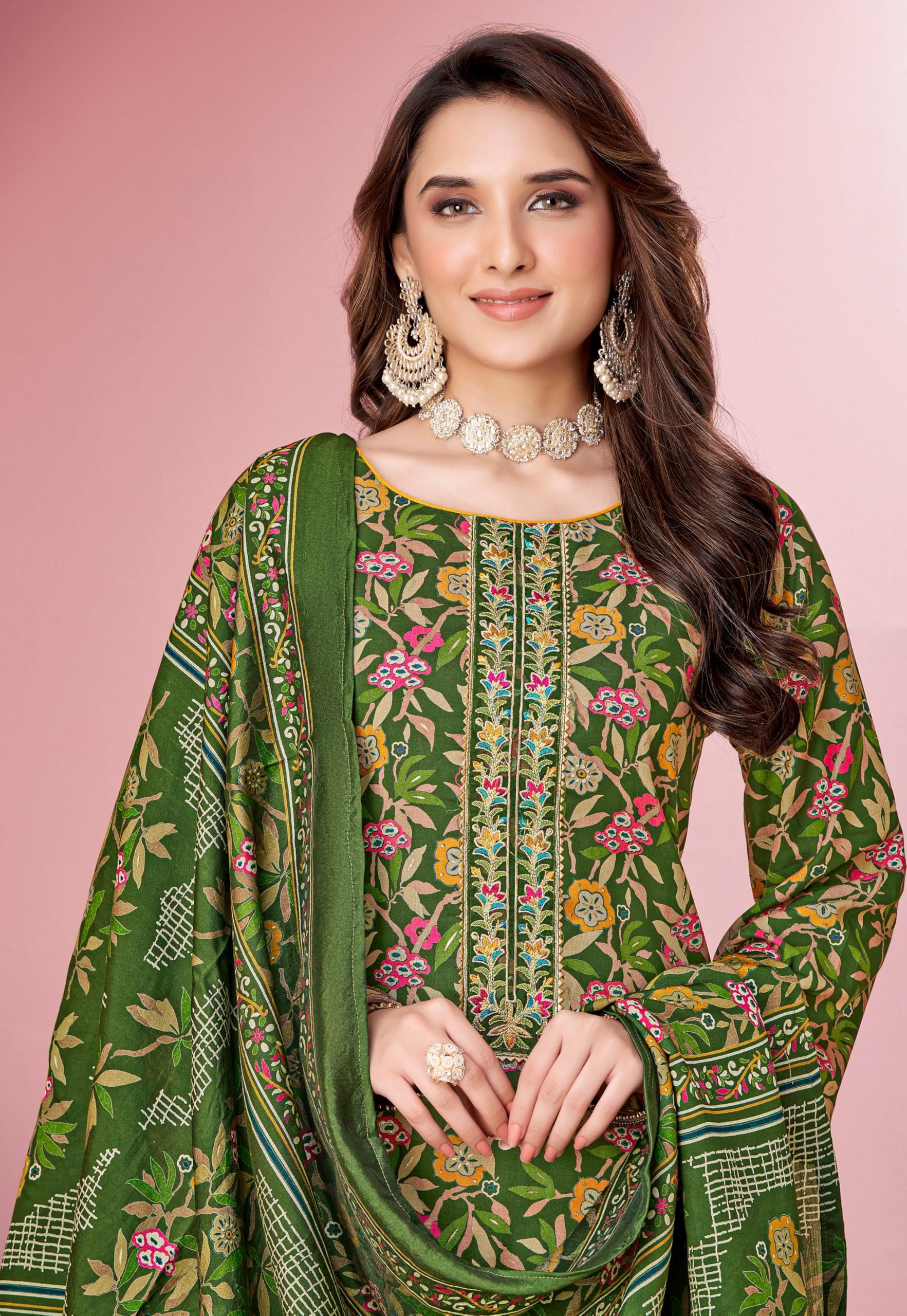 DRAVINAM Trends Pure Viscose Rayon Cotton Discharge Foil Printed Fancy Embroidered Suit Dress Material with Unstitched Bottoms and Cotton Silk Printed Dupatta
