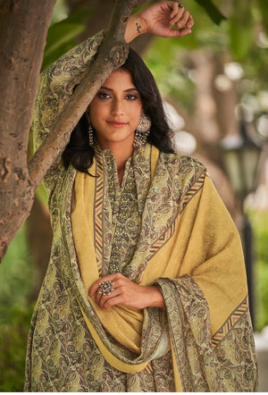 DRAVINAM Trends Women's Pure Pashmina wool Digital Print Fancy Embroidery Work Warm Salwar Kameez Dress Material with Pure Woollen Pashmina Printed Woven Shawl Dupatta (Brown)