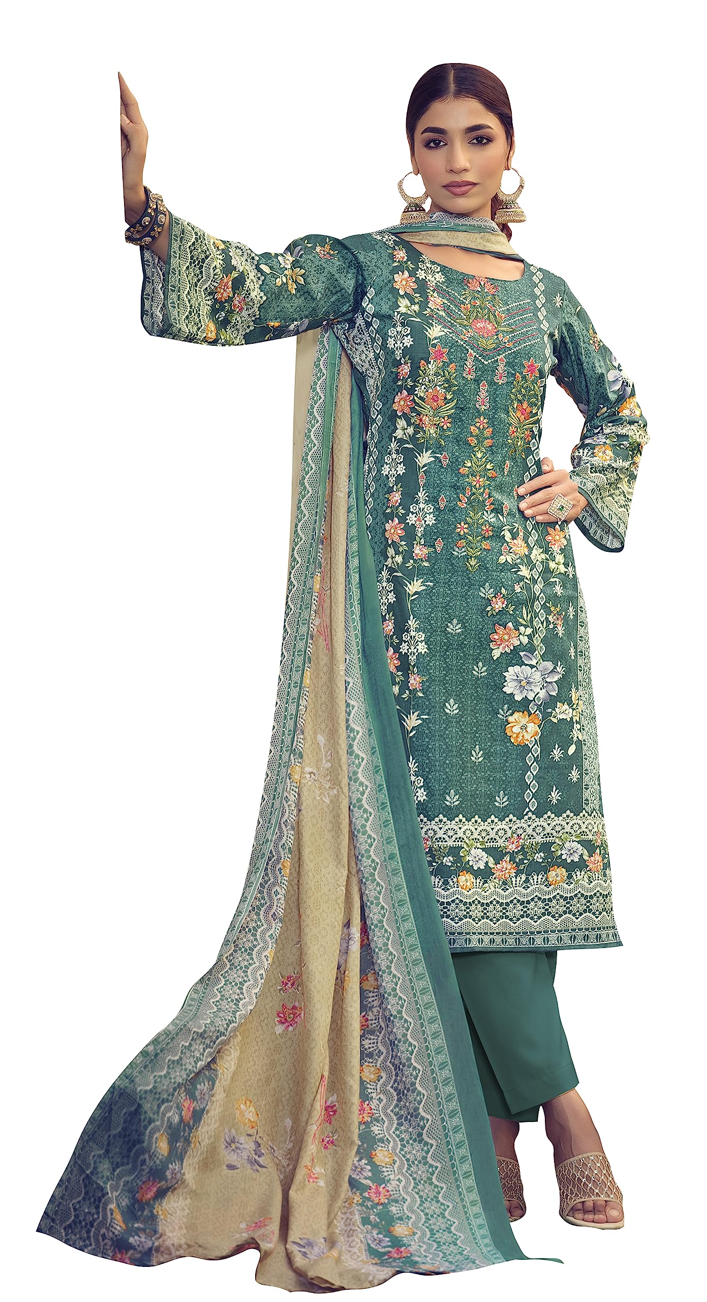 DRAVINAM Trends Unstitched Pakistani Print Embroidered Cotton Suit Dress Materials with Printed Cotton Dupatta