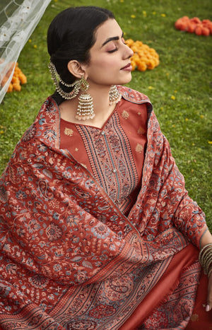 DRAVINAM Trends Women's Unstitched kanni Weaving Jacquard Woollen Pashmina Salwar Kameez Dress Material with Pure Wool Pashmina Kaani Weaving Shawl Dupatta (Free Size)
