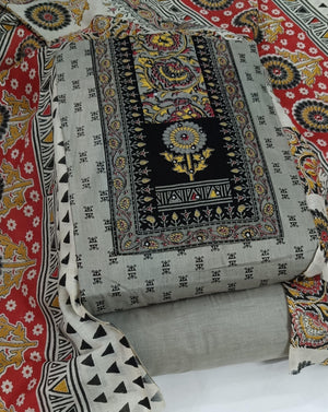 DRAVINAM Trends Women's Cambric Cotton Dress Material | Unstitch Kalamkari Printed Suit Set with Cotton Dupatta