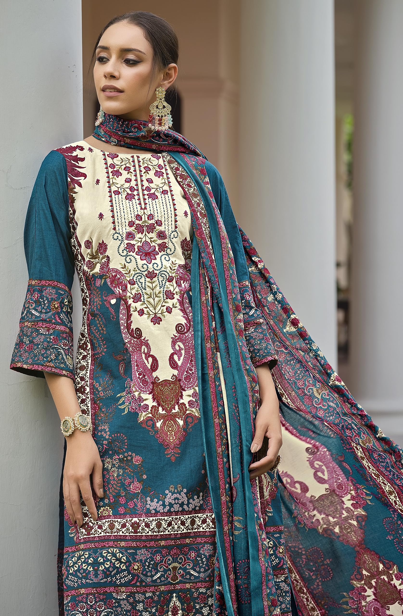 DRAVINAM Trends Unstitched Pakistani Print Embroidered Cotton Salwar Suit Dress Materials with Dupatta