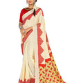 DRAVINAM Trends Women's Khadi Linen Saree With Un-stitched Blouse (SareePe_3_Cream & Red)