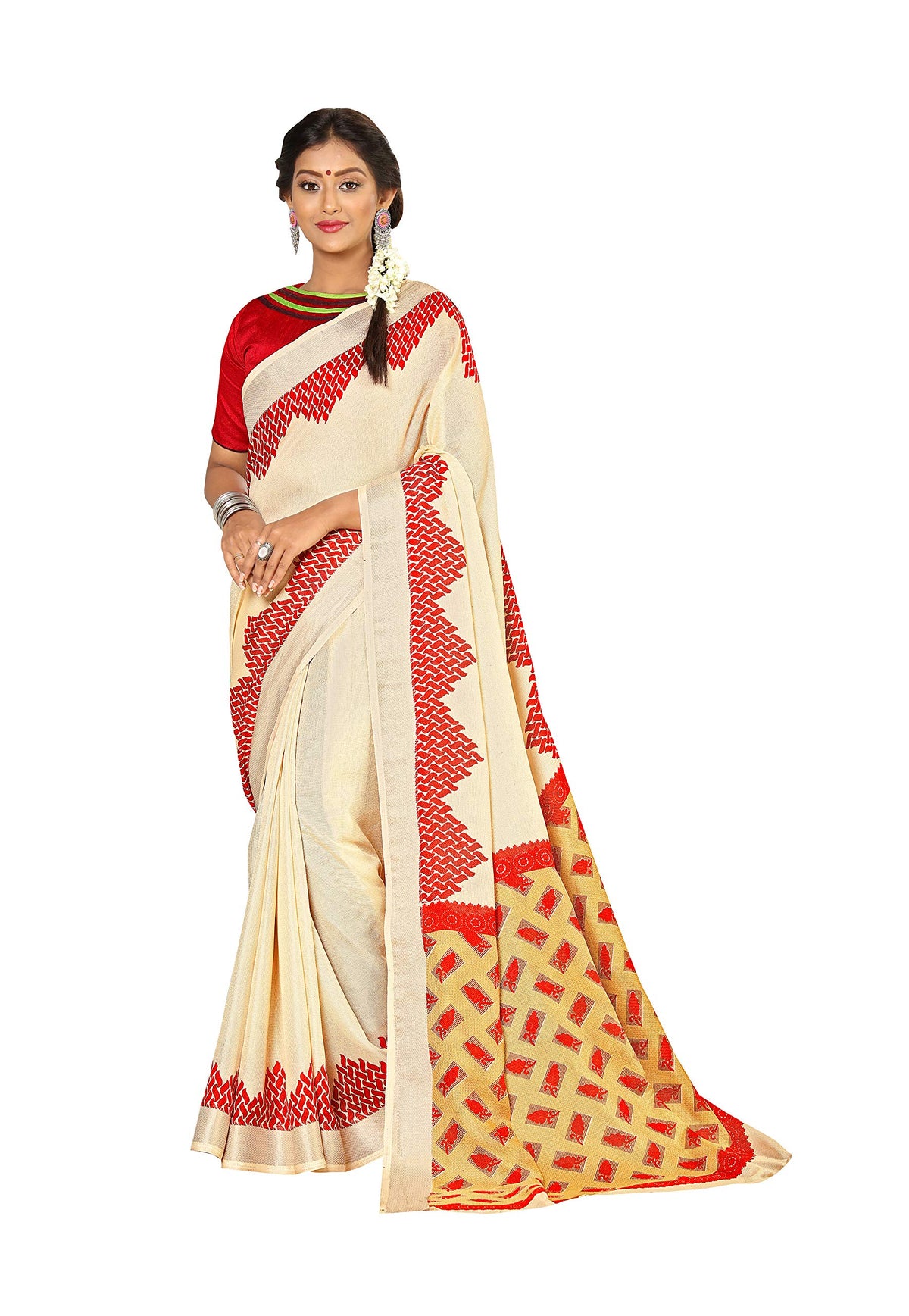 DRAVINAM Trends Women's Khadi Linen Saree With Un-stitched Blouse (SareePe_3_Cream & Red)