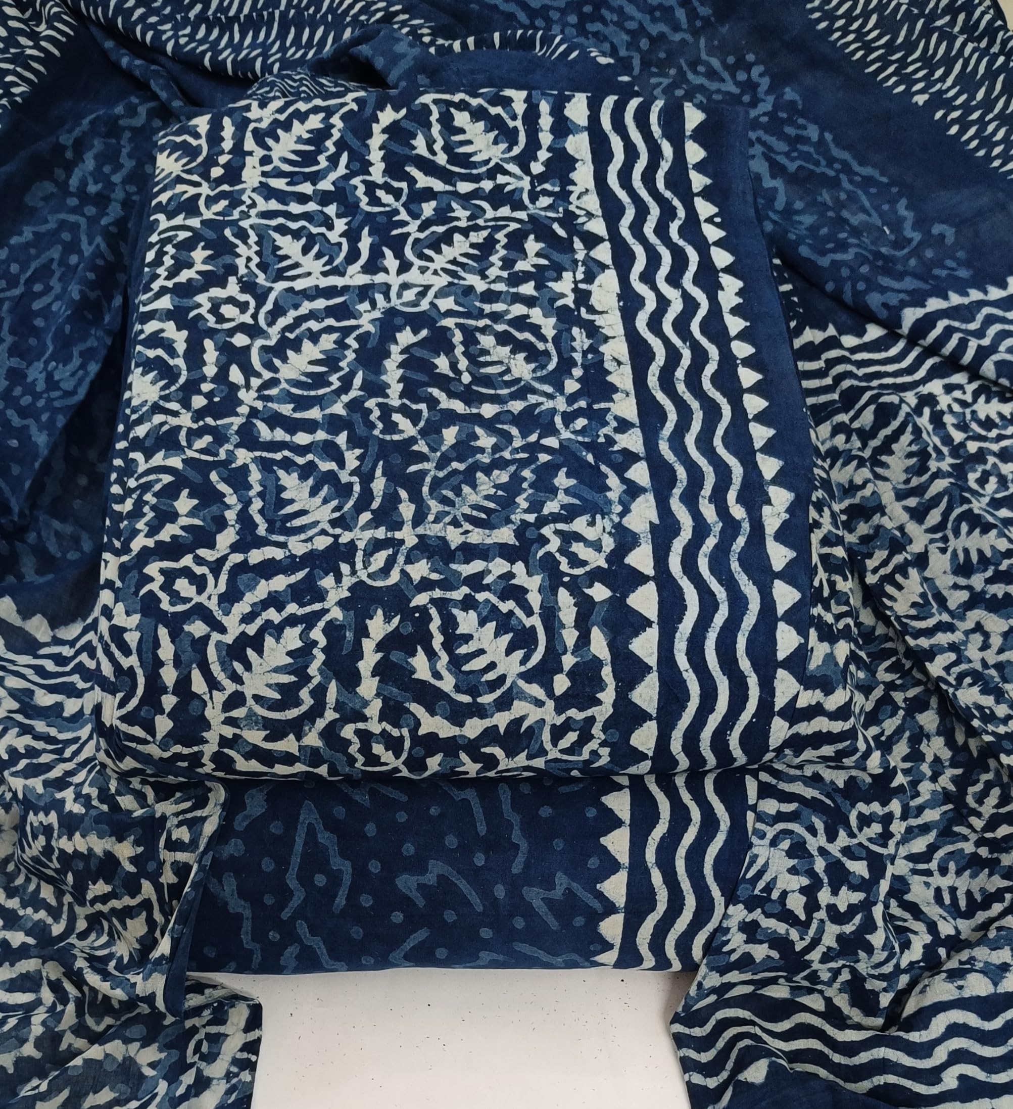 DRAVINAM Trends Hand Block Print Sanganeri Cambric Unstitched Cotton Suit Dress Material for Women with Mulmul Cotton Hand Printed Dupatta