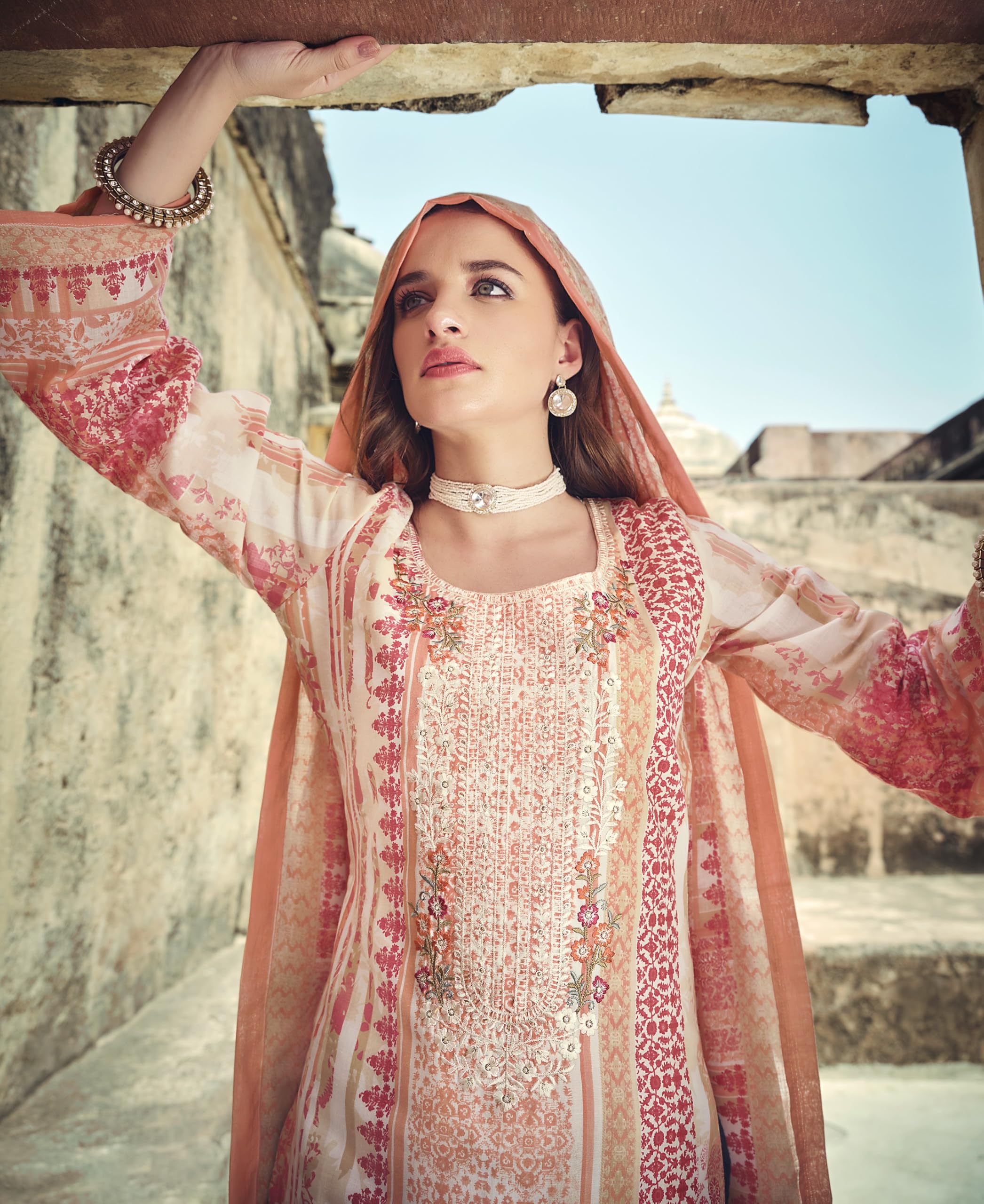 DRAVINAM Trends Women's Cotton Printed Thread Embroidery Work Unstitched Salwar Suit Dress Material With Dupatta (Grey, Unstitched Suit)