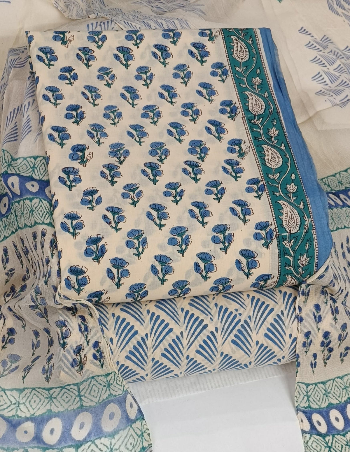 DRAVINAM Trends Hand Block Print Cambric Cotton Unstitched Salwar Suit Set for Women with Pure Chiffon Hand Printed Dupatta