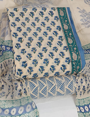 DRAVINAM Trends Hand Block Print Cambric Cotton Unstitched Salwar Suit Set for Women with Pure Chiffon Hand Printed Dupatta